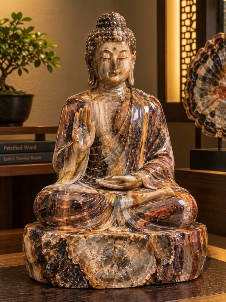 Meditative Buddha Sculpture in Petrified Wood