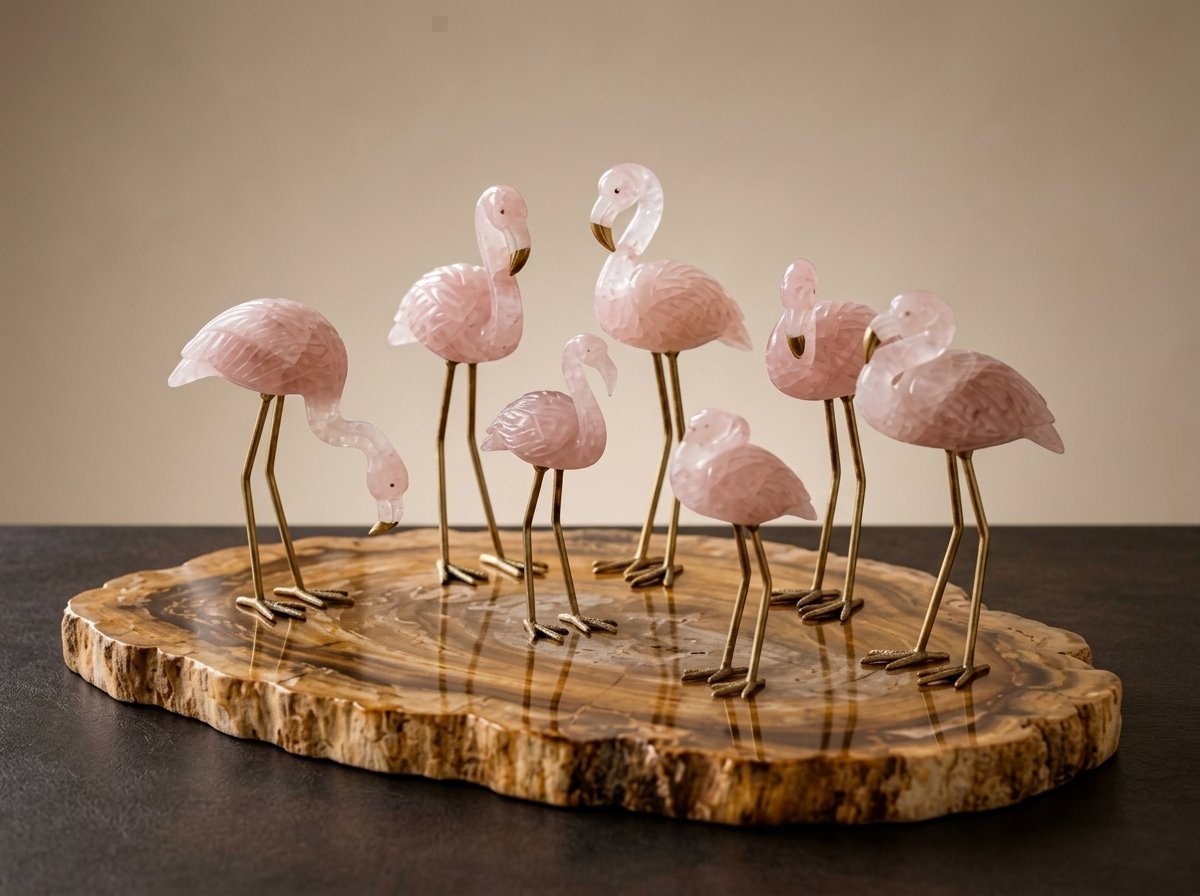 Rose Quartz Flamingos on Petrified Wood Slab